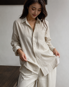 Women Beige <b>Linen</b> Two Piece Solid Top Long Sleeve Button Front Shirt Loose Wide Leg Long Pants Summer Casual Beach <b>Set</b> Wholesale - Product Image 5