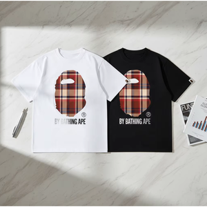 Camiseta de Hombre Bathing Ape con Estampado de Cabeza de Mono a Cuadros, 100% Algodón, Estilo Casual - Product Image 1