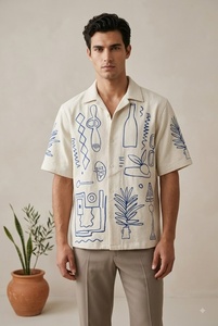 <b>Men's</b> Cotton Poplin Short Sleeve Casual <b>Shirt</b> With Hand Embroidery Geometric Pattern Back Logo Turn-down Collar Summer Wear - Product Image 4