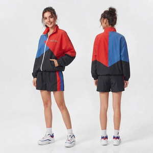 Conjunto Deportivo para Mujer con Bloques de Color, Chaqueta Cortavientos con Cuello Alto y Pantalones Cortos, Ligero, de Secado Rápido, de Nailon - Product Image 3