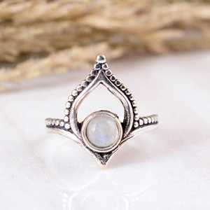 SHYAM JEWELRS Handcrafted Blue Rainbow Moonstone Tiara <b>Ring</b> Solid 925 Silver Pointed Chevron <b>Statement</b> <b>Ring</b> Antiqued Oxidized - Product Image 1