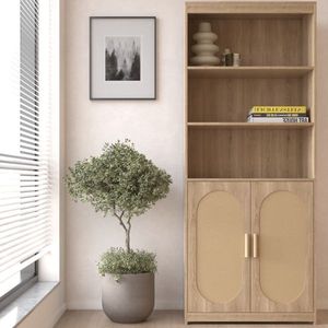 5 Tier Tall Bookshelf with Rattan and Wood Large Bookshelves with Doors Farmhouse <b>Bookcase</b> for <b>Library</b> Storage <b>Bookcases</b> - Product Image 1