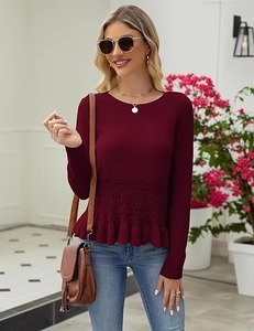 Pull en tricot bordeaux pour femme, col rond, manches longues, ourlet à volants, respirant, style automne - Product Image 5