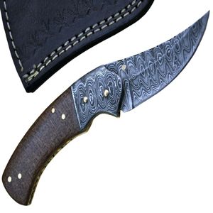 Couteau de chasse artisanal à lame fixe en acier Damas avec manche en bois et étui en cuir, équipement utilitaire pour le camping et la randonnée en extérieur - Product Image 1
