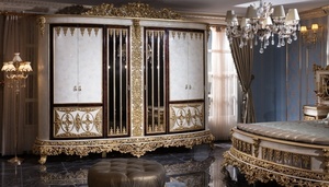 Luxury Royal Mahogany Wood <b>Bedroom</b> Set Gold Carved King Size Bed with Grand Wardrobe 2 Nightstands and <b>Dressing</b> <b>Table</b> Set - Product Image 6
