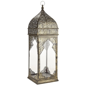 Lanterne marocaine en métal doré, finition antique, faite à la main, en fer et verre, pour décoration de table ou murale, idéale pour la maison ou les mariages - Product Image 1