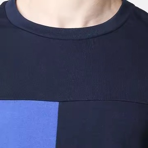 Men's <b>Navy</b> Blue Short Sleeve O-Neck Knitted Casual T-Shirt Color Blocked Regular Fit Solid Pattern - Product Image 3