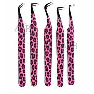 Pince à cils incurvée en acier inoxydable rose à imprimé léopard, à 90 degrés, pour extensions de cils, avec logo personnalisé - Product Image 1