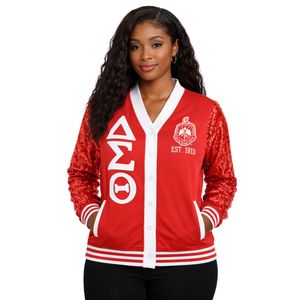 Delta Sigma Theta <b>Red</b> <b>Sequin</b> Cardigan for Women Comfortable Fit Premium Fabric Greek Sorority Apparel Casual Wear - Product Image 1