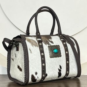Stylish Western Hair On Cowhide Leather Speedy Duffel <b>Bag</b> Luxury Turquoise Concho <b>Stud</b> Design Crossbody Travel Shoulder Handbag - Product Image 4