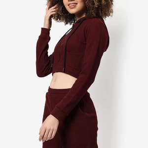 Sudadera corta tipo waffle personalizada para mujer – Sudadera informal con cremallera, cordón y bolsillo - Product Image 3