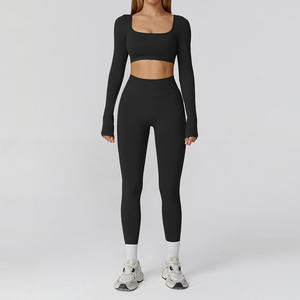 Ensembles de yoga taille haute rayés à manches longues pour le sport, contrôle du ventre, haute élasticité, séchage rapide, tenue de fitness et de course en gros - Product Image 2