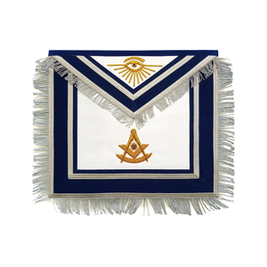 Tablier de Maître Maçon artisanal bleu avec franges en cuir blanc et fils d'argent – Fournisseur de Regalia Maçonniques – Produits Maçonniques Premium - Product Image 1