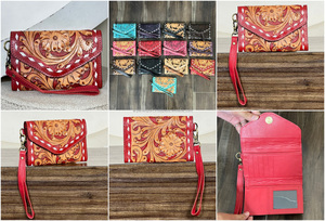 New Leading Manufacturer Floral Western Style Genuine Cowhide Leather Cowgirl Wallet Pattern <b>Wristlet</b> Clutch for Travel Organize - Product Image 3