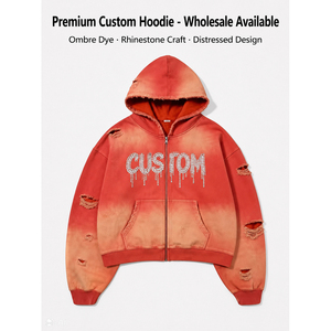 Prix d'usine 2026 – Sweat à capuche zippé pour homme, effet vieilli, délavé à l'acide, avec lettres en strass, style Hip Hop Streetwear, OEM ODM - Product Image 2