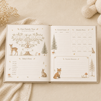 LABON Livre de souvenirs personnalisé pour bébé, thème animaux de la forêt, couverture rigide en lin, bords dorés, journal de développement