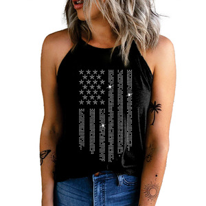 Wholesale Women's Black Rhinestone Crop Top Star Stripe Racerback Tank Top Sleeveless Summer Casual Graphic Vest women's shirt - Product Image 5
