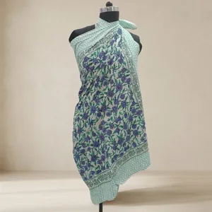 Mint Green Purple Floral Hand Block Printed Cotton <b>Sarong</b> Scarf with Chevron Border Lightweight Beach Wrap for Women - Product Image 1