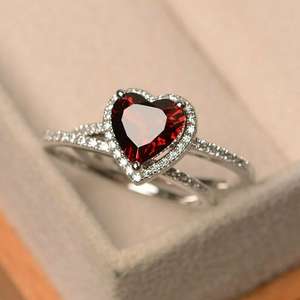 Classic Red <b>Garnet</b> Heart & Round Cut Moissanite Gemstone Proposal <b>Ring</b> Set Original 925 <b>Silver</b> Fine Surprise Birthdays Party - Product Image 1
