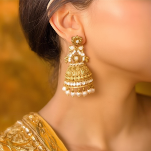 24K Gold Plated Pearl Charm Stud Earrings-Ethnic Vintage Religious Jhumka - Product Image 2