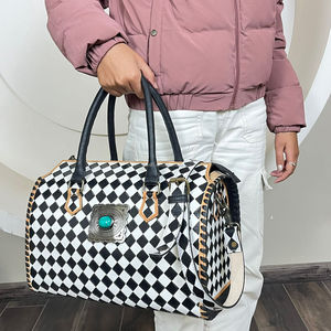 Western Black & White Checkered 15" Speedy Bag with Teal Concho Women's Designer Hand <b>Tooled</b> Cow <b>Leather</b> Travel Duffel Carry Bag - Product Image 4