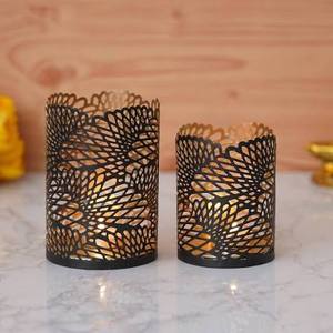 Cylinder Brass Candle Holder With Polka Dot Cutouts Black And Gold Home Decoration <b>Heat</b> Resistant - Product Image 2