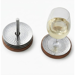 Juego de posavasos de metal martillado al por mayor con base de madera, posavasos de lujo de acero inoxidable y soporte para copas de vino, artículos de bar. - Product Image 1