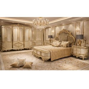 Ensemble de chambre à coucher King Size de luxe en bois de teck massif, lit traditionnel sculpté doré, 2 tables de chevet, grande armoire et coiffeuse, idéal pour appartement - Product Image 1