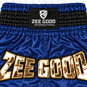 กางเกงชกมวยสีน้ำเงิน Zee Good สำหรับผู้ชาย ลายฟอยล์พิมพ์โลโก้ด้านหน้า ทรงปกติ สำหรับผู้ใหญ่ ชุดกีฬาต่อสู้ - Product Image 4