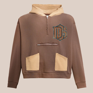 Oversized Crop <b>Hoodie</b> Half <b>Zip</b> Front Logo <b>Pocket</b> Design Casual Autumn Style Unisex Brown Knitted 100% Cotton Cartoon Sweatshirt - Product Image 1
