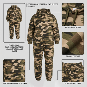 Ensemble de survêtement à capuche imprimé camouflage, écologique et respirant, en molleton bouclette, style safari, pantalon de jogging pour femme, grandes tailles - Product Image 5