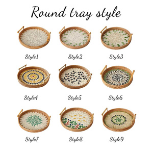 <b>Set</b> of 3 round mother-of-pearl inlaid rattan serving trays with handles. Suitable for use in restaurants, hotels, and kitchens. - Product Image 2