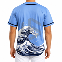 Jersey Baseball Unisex Sublimasi Custom Biru Muda Motif Gelombang Kancing Lengan Pendek Menyerap Keringat Bernapas Ukuran Besar Dewasa
