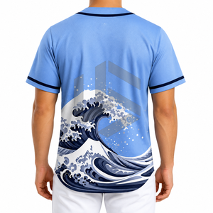 เสื้อเบสบอลแบบซับลิเมชั่นสั่งทำพิเศษสำหรับทุกเพศ สีฟ้าอ่อน ลายคลื่น ติดกระดุม แขนสั้น ระบายอากาศได้ดี ซับเหงื่อ ไซส์พลัส สำหรับทีม - Product Image 2