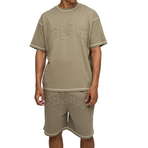 ชุดลำลองคุณภาพสูงสำหรับผู้ชาย 2 ชิ้น เสื้อยืด กางเกงขาสั้น ผ้าถักลายเสือดาว ซักแบบ Acid Wash ทำจากใยไผ่ 100% แห้งเร็ว ทรงโอเวอร์ไซส์ - Product Image 1