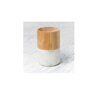 New Wood and marble kitchen <b>utensil</b> holder natural acacia top white marble bottom spoon crock organizer countertop cutlery stand - Product Image 1