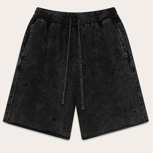 Shorts de jogging en molleton bouclette pour hommes, très demandés, en coton délavé à l'acide, à ourlet brut, style streetwear vintage, respirants et antibactériens - Product Image 3