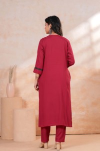 Conjunto de Salwar Kameez de Algodón Color Granate con Dupatta Bordada, Traje Tradicional Holgado con Kurti y Pantalón para Mujer, Ropa Casual de la India - Product Image 2
