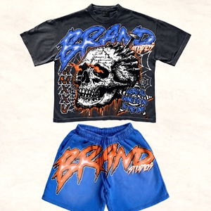 Summer Track Suit Boxy Dtg Crack Screen Print Cropped Acid Wash Vintage Tshirt Shorts Set 2 Piece Short Set Custom Logo - Product Image 5