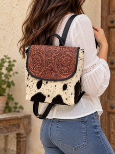 High Quality Genuine Leather Hand Tooled Carving Stylish <b>Backpack</b> Hair On Hide <b>School</b> Bags Unisex Bohemian Softback Day Bag - Product Image 5
