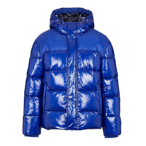 Veste matelassée à capuche bleue pour homme, coupe-vent, fermeture éclair sur le devant, couleur unie, coupe classique, vêtement d'hiver, style décontracté, rembourrage épais en duvet - Product Image 1