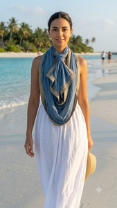 Écharpe en coton bleu poussière, paréo, sarong, bordure dorée Zari, design estival, plage, doux, respirant, foulard pour femme - Product Image 2