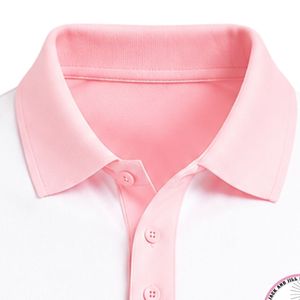 Polo à manches courtes blanc et rose à empiècements contrastants, col chemise, décontracté, uniforme, broderie personnalisée, vêtement de sport pour homme - Product Image 3