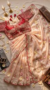 Sari de diseñador Fandy Satin Premium con bordado de hilo y conjunto de blusa listo para usar - Product Image 4