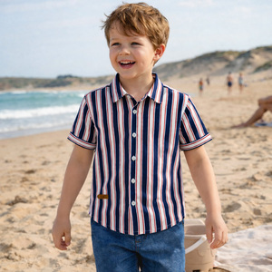 Camisa de Verano <span class=keywords><strong>a</strong></span> Rayas para Niños, Fabricada en Fábrica, Camisa de Algodón de Manga Corta con Botones, Proveedor de Camisas para Niños al por Mayor, OEM Personalizado - Product Image 1