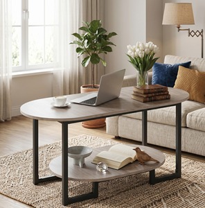 Modern Oval Wooden Coffee <b>Table</b> 2 Tier Black Metal Frame Lounge Center <b>Table</b> Living Room Tea <b>Sofa</b> Side <b>Table</b> Storage Desk - Product Image 1