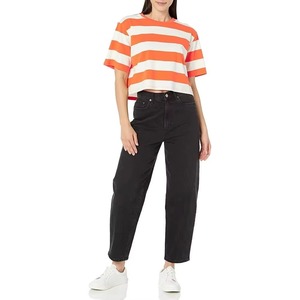 T-shirt en jersey ample à rayures orange et blanches pour femme, col rond, manches courtes, coupe décontractée, idéal pour le printemps et l'été - Product Image 3