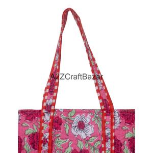 Eco-Friendly Women's Hand-Block Striped Cotton Quilted Tote <b>Bag</b> <b>Long</b> Handle Bohemian Style Everyday Shopping Groceries - Product Image 4