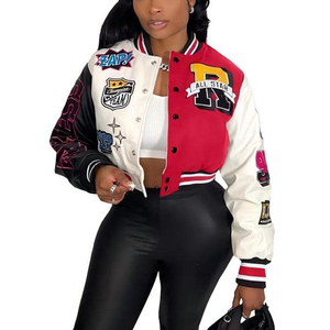 Veste universitaire violette pour femme avec patch lettre S, manches longues, col rabattu, longueur courte, en polyester, style automne - Product Image 6