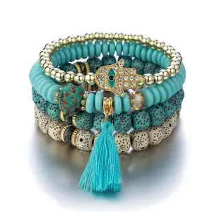 Bestone Hot Selling Fashion Alloy Acrylic Bracelet Tassel Multi-layered Bodhi Bracelet with Charms